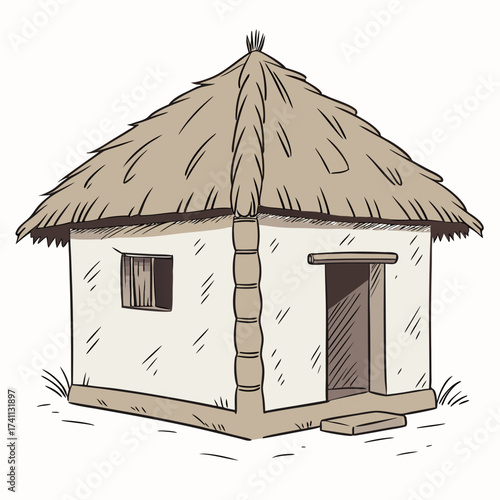 Corner View Of A Thatched Roof Hut Keywords: thatched hut, traditional house, straw roof, simple
