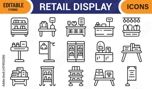 Minimal retail display vector set – shop arrangement and furniture line icons.