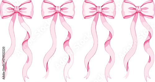 Pink ribbon bows with long tails isolated on white background, elegant decorative clipart, festive design element, fashion accessory illustration