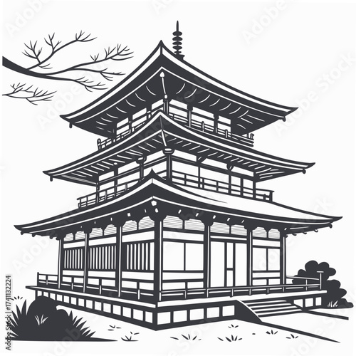 black and white japanese pagoda building clip art preview