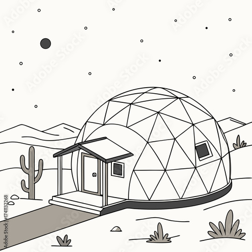 Desert landscape with geodesic dome home under starry sky