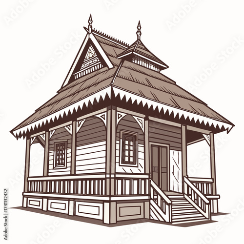 Detailed illustration of a traditional Malay stilt house in sepia tones