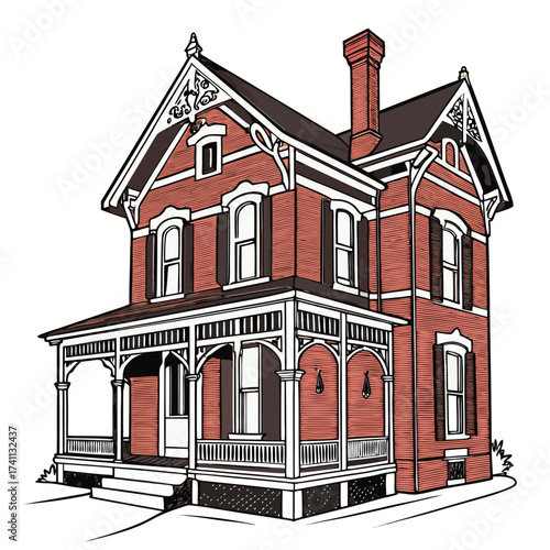 Detailed Illustration of a Red Brick Victorian House Keywords: house, home, building