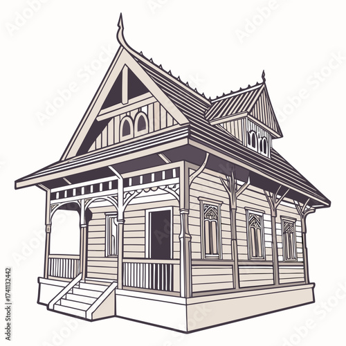 Detailed illustration of a traditional wooden house with ornate porch Keywords: house, home