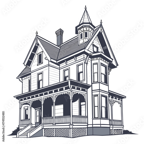 Detailed Monochrome Drawing of a Victorian Mansion Keywords: house, mansion, victorian