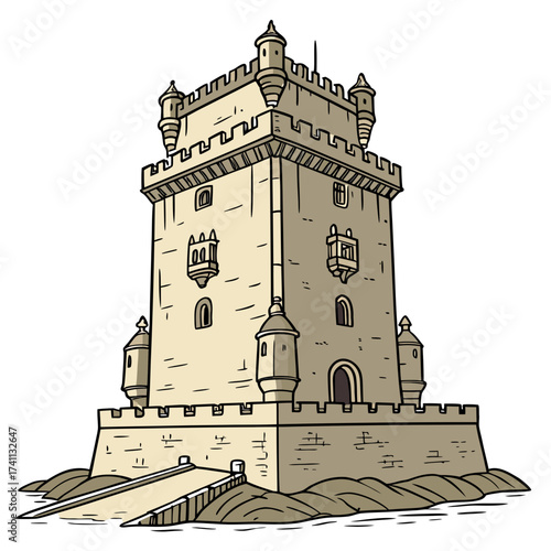 Elaborate Medieval Tower on Rocky Outcropping by Water