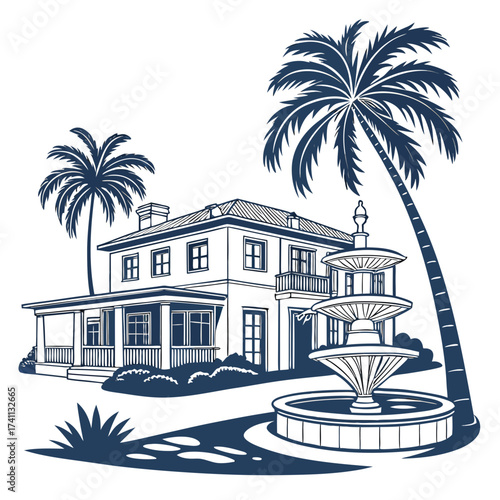 Elegant Mansion with Palm Trees and Fountain house