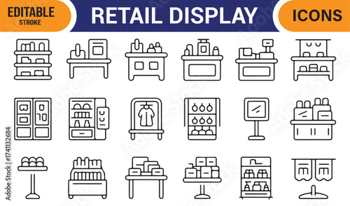 Editable stroke retail vector set – shop display and merchandising outline icon collection.