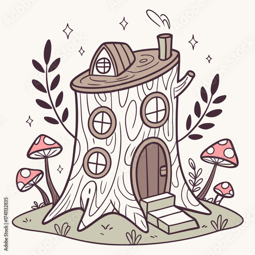 Enchanted Tree Stump Home with Mushroom Accents house