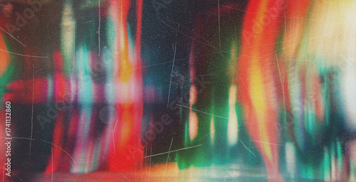 Old film light leaks texture with scratches, noise, iridescent light. Rainbow lens flare effect, camera film filter with bokeh, dust, grain. Distressed retro movie, photo burn effect. Vintage photo