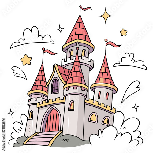 Enchanting cartoon castle with pink turrets and sparkling stars