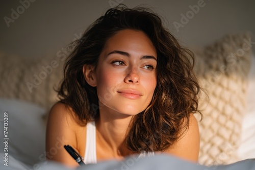 Young woman journaling in bed with a pen, surrounded by soft pillows and warm sunlight, reflecting on her thoughts in a cozy and inviting atmosphere
