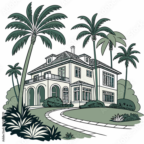 Estate with arched veranda and surrounding palm trees