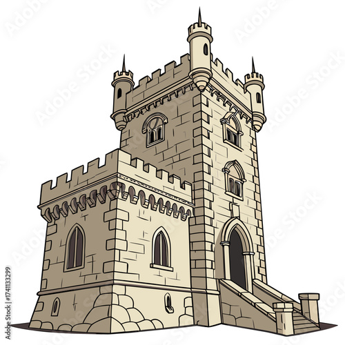 European tower castle with arched windows and stairs on white