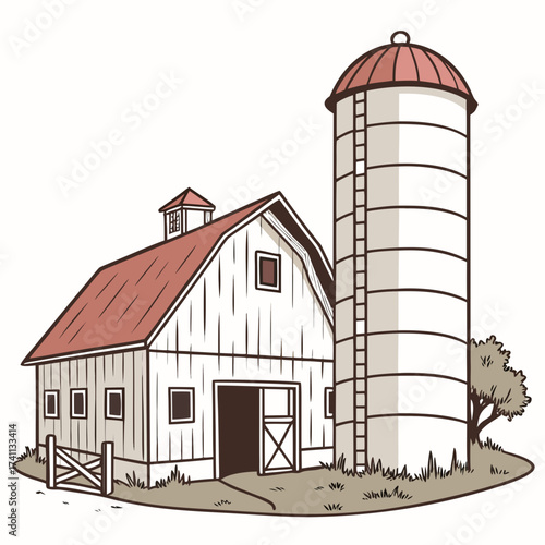 Farm Barn and Silo with Red Roof and Tree Keywords: barn, silo, farm, agriculture, rural