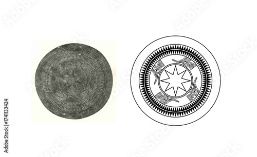 Ancient Đông Sơn Drum Motif with Eight-Pointed Star and Stylized Cranes