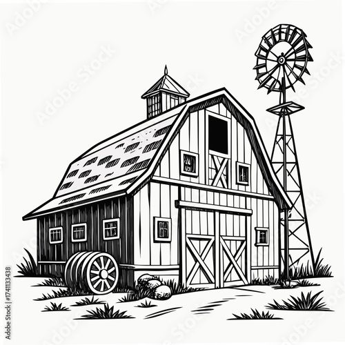 Farm scene with barn, windmill, and hay bales agriculture