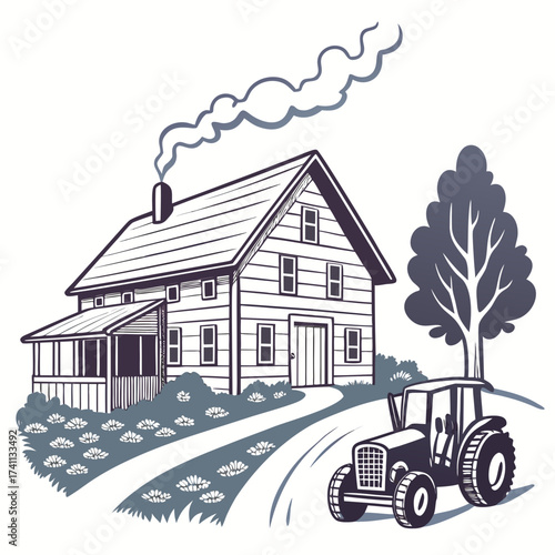 Farmhouse with tractor and tree illustration smoke