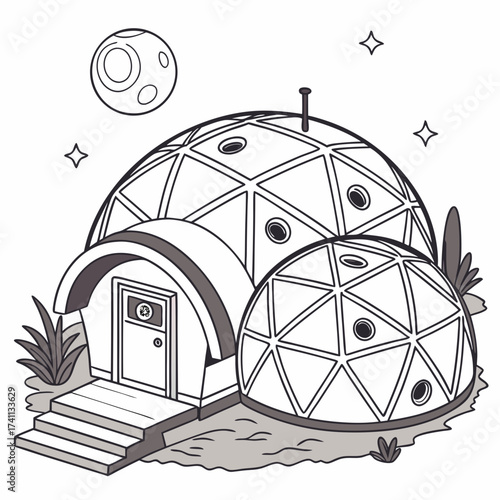 Futuristic Dome Habitation with Moon and Stars Keywords: futuristic, dome, habitation, house