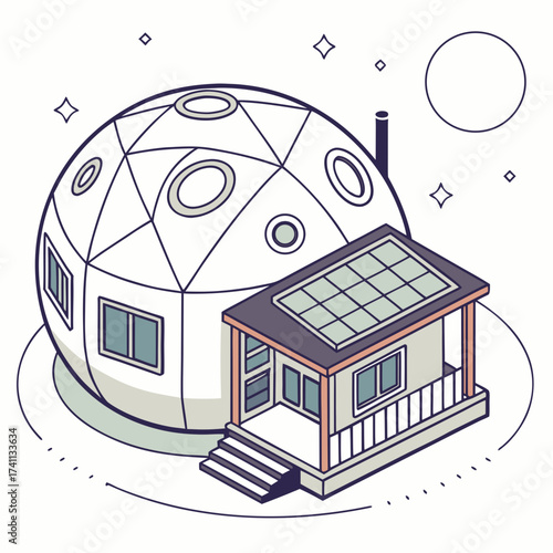 Futuristic Dome Habitat with Solar Panels and Moon