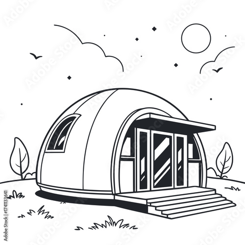Futuristic Dome House with Steps and Trees Keywords: dome house, futuristic architecture, modern