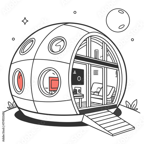 Futuristic spherical dwelling with interior and moon view