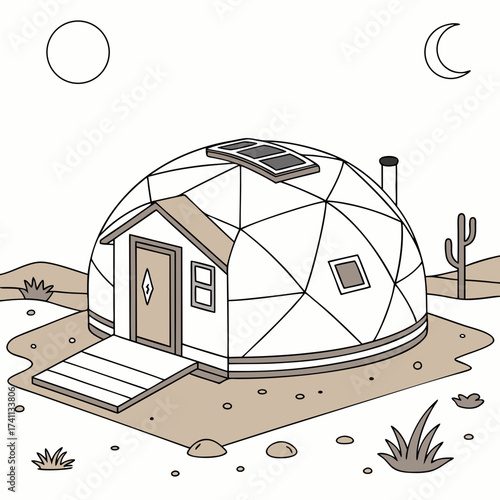 Geodesic dome home with solar panels in desert at twilight