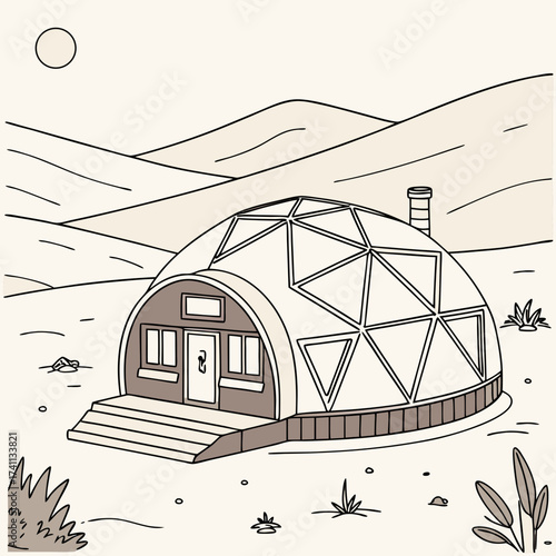 Geodesic dome house in a barren landscape with hills