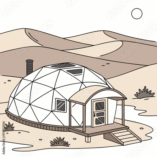 Geodesic dome house in a desert landscape with dunes and sun