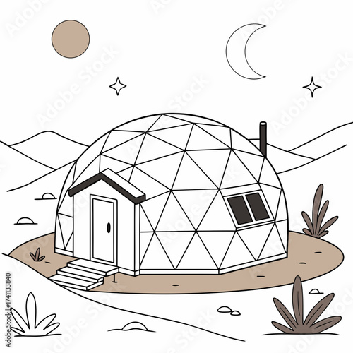 Geodesic dome house in desert with moon and stars landscape