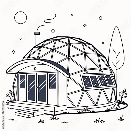 Geodesic dome house with chimney and tree home dwelling