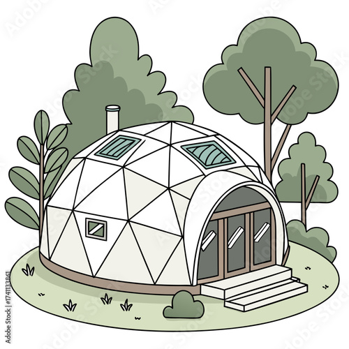 Geodesic Dome House Surrounded By Green Trees And Bushes