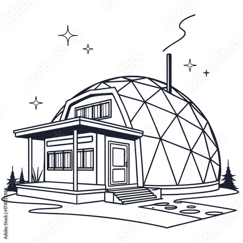 Geodesic Dome House with Chimney and Trees Keywords: geodesic dome, dome house, residential