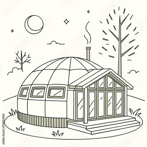 Geodesic dome house with moon and stars at night dwelling