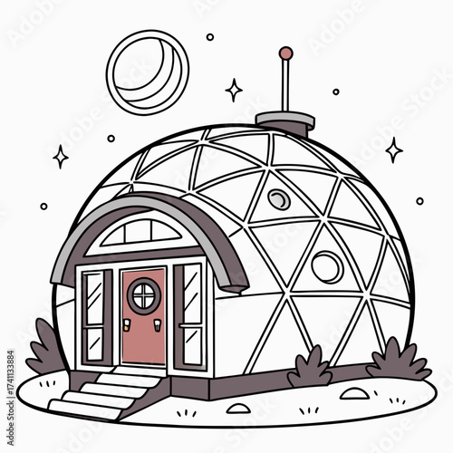 Geodesic Dome House with Moon and Stars Keywords: geodesic dome, house, building, architecture