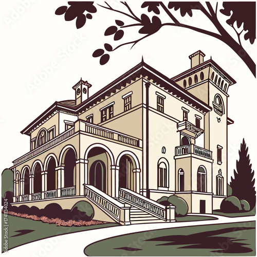 Grand Italianate Mansion With Arched Veranda And Gardens Keywords: mansion, Italianate, villa