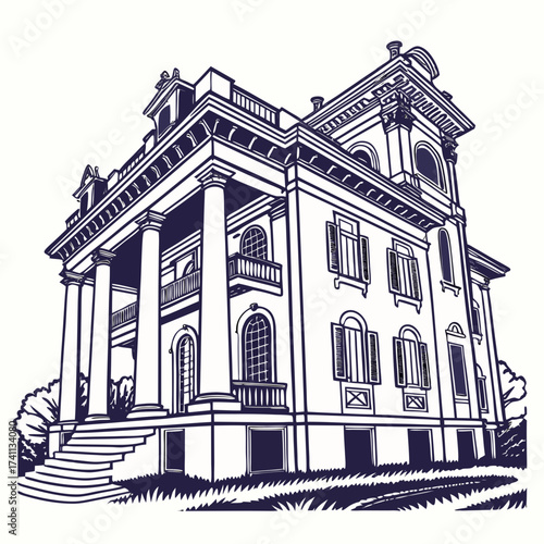 Grand Neoclassical Mansion with Columns and Shutters