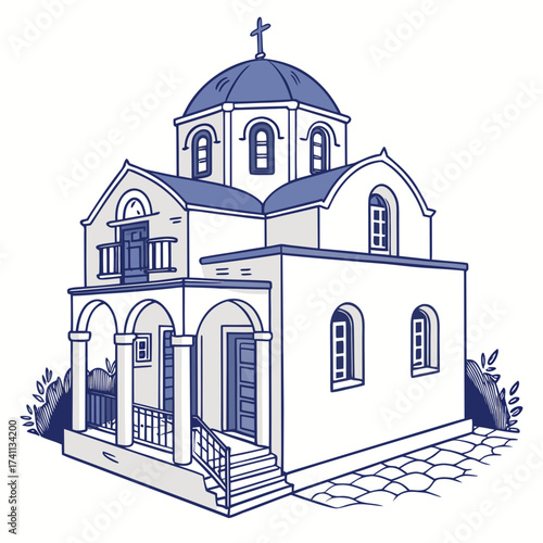 Greek Orthodox Church With Blue Dome And Cross Keywords: church, orthodox, greek, building