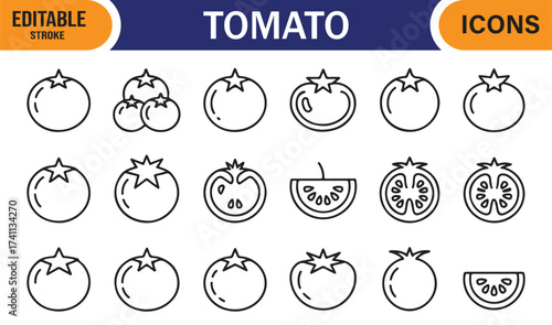 Healthy food icon collection featuring tomato illustrations, editable line vector design