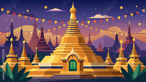 Shwedagon Pagoda in Yangon, Myanmar glimmers with golden stupas under twilight sky, prayer flags fluttering, reflecting cultural reverence in minimalist yet radiant vector design with clean outlines.