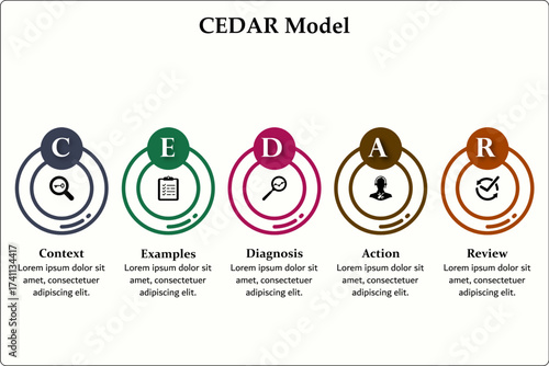 CEDAR Model - Context, Examples, Diagnosis, Action, Review. Infographic template with icons and description placeholder