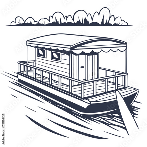 Houseboat on wavy water illustration river lake