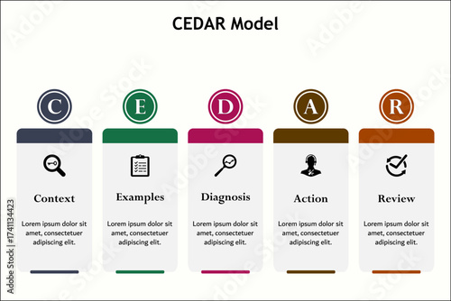 CEDAR Model - Context, Examples, Diagnosis, Action, Review. Infographic template with icons and description placeholder