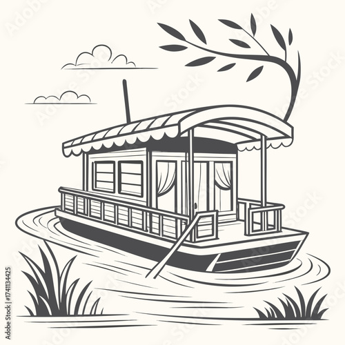 Houseboat on water illustration river lake
