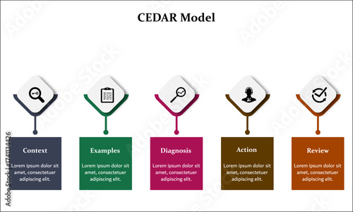 CEDAR Model - Context, Examples, Diagnosis, Action, Review. Infographic template with icons and description placeholder