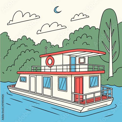 Houseboat on Water with Trees and Clouds watercraft