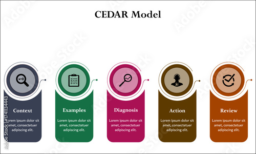 CEDAR Model - Context, Examples, Diagnosis, Action, Review. Infographic template with icons and description placeholder