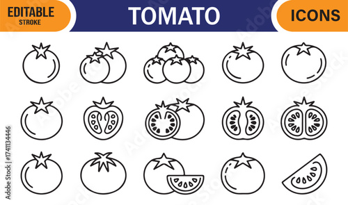 Vegan vegetable tomato icons set, minimal vector outline of sliced and whole tomatoes