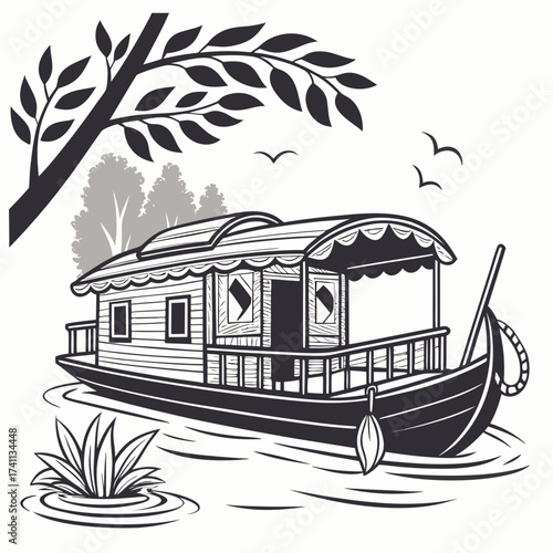 Houseboat with paddle and birds illustration water