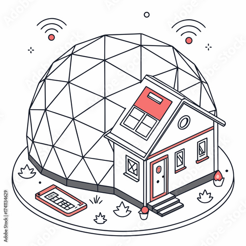 Isometric Smart Home with Geodesic Dome and Smartphone